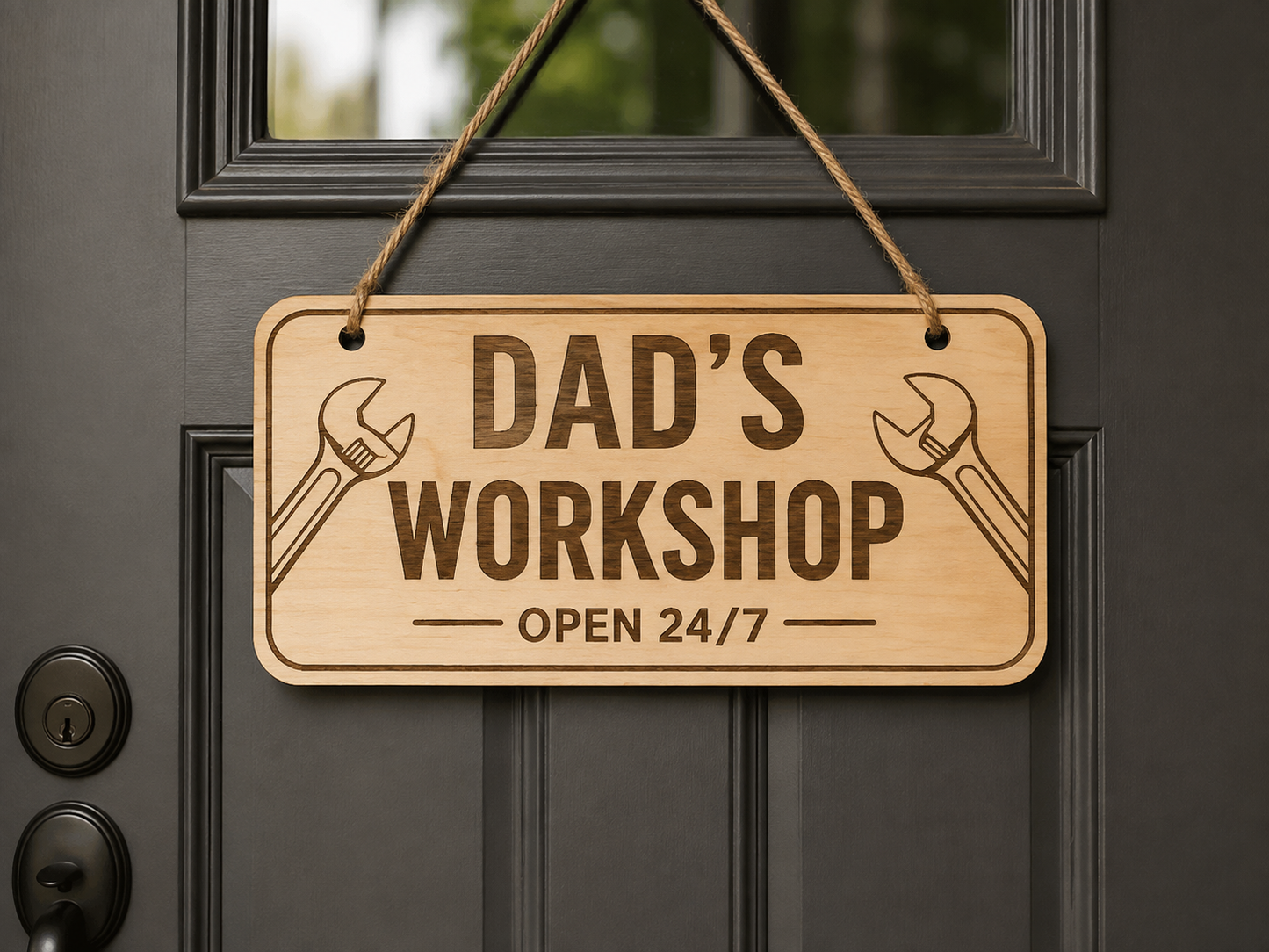 Dad’s Workshop Wooden Door Sign – Laser Engraved Father’s Day Gift