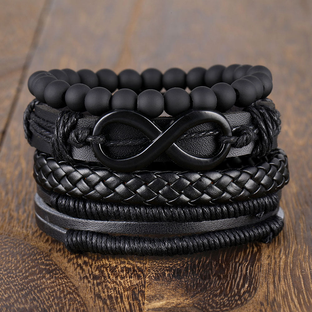 Men’s Black Infinity Bracelet Set – 4-Piece Adjustable Leather & Bead Stack | Stylish Casual Fashion Wristband