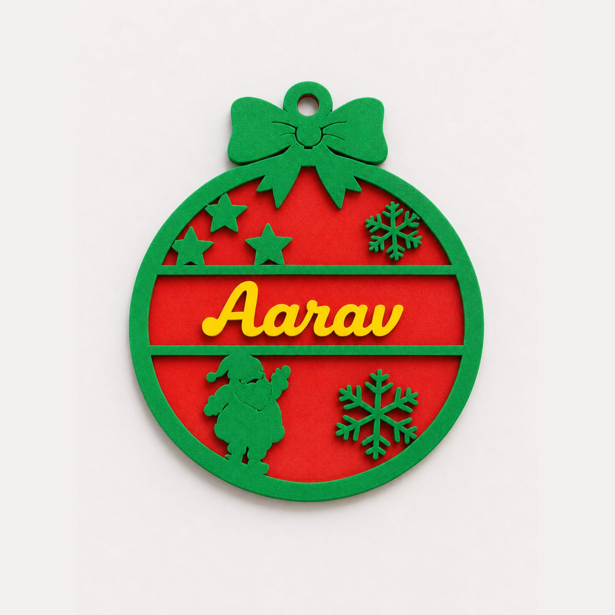 Green and red personalised Christmas bauble example with a name