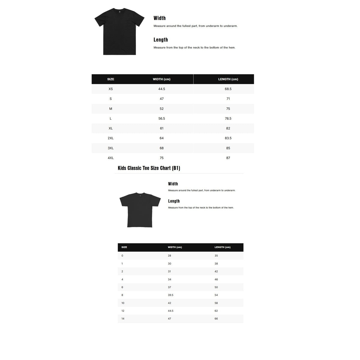 T-shirt size chart, adult XS to 4XL and kids 0 to 14, width and length in cm
