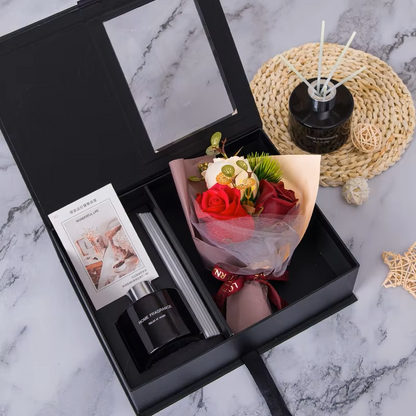 Delicate Life Luxury Home Fragrance Gift Box Set with Rose Bouquet, Reed Diffuser, Aromatherapy Oil, Elegant Presentation Box for Birthday, Christmas, Housewarming