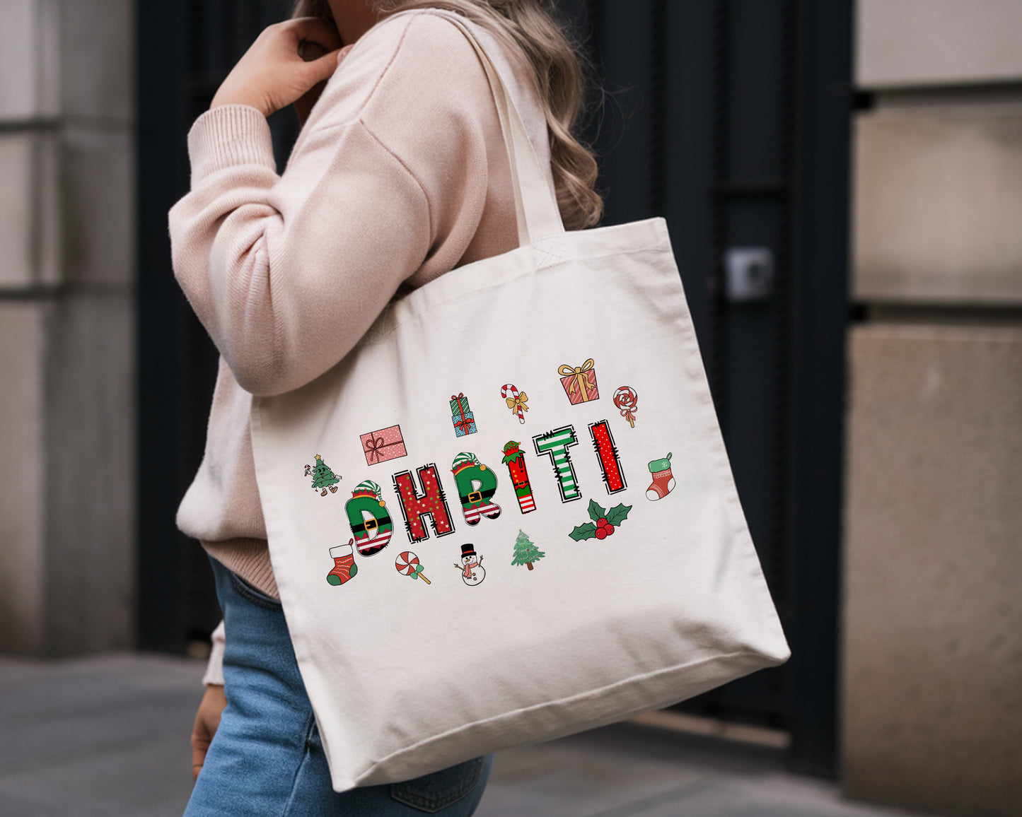 Personalised Christmas Tote Bag – Custom Name Holiday Gift Bag | 38×35cm Canvas Tote