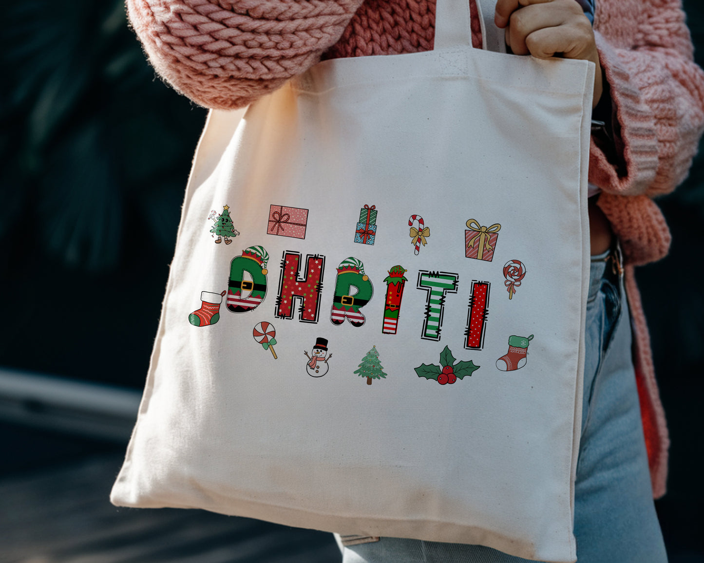 Personalised Christmas Tote Bag – Custom Name Holiday Gift Bag | 38×35cm Canvas Tote