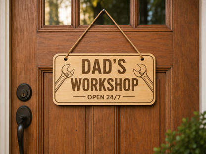 Dad’s Workshop Wooden Door Sign – Laser Engraved Father’s Day Gift