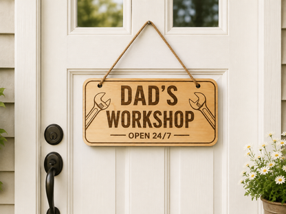 Dad’s Workshop Wooden Door Sign – Laser Engraved Father’s Day Gift