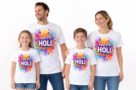 Happy Holi Matching Family T-Shirt – Colourful Holi Festival Outfit for Adults and Kids, Perfect for Celebrations
