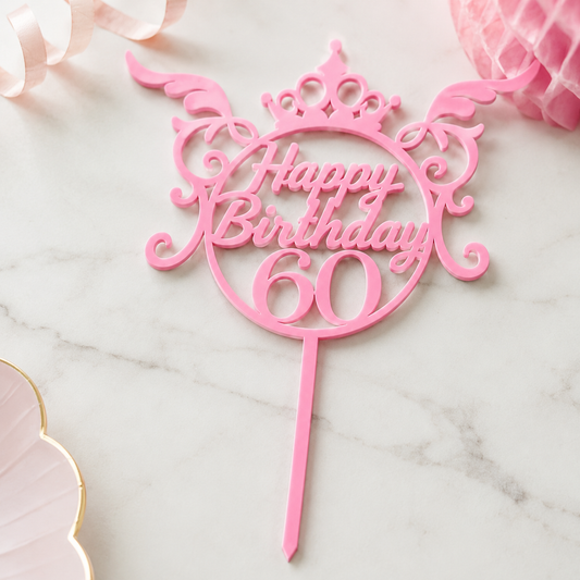 Happy Birthday 60 Cake Topper – Elegant Crown Design | Approx. 20cm x 14cm