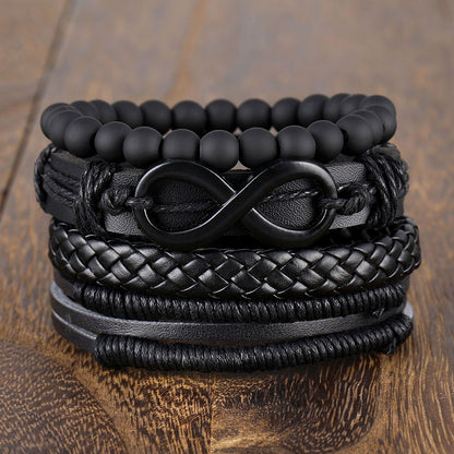 Men’s Black Infinity Bracelet Set – 4-Piece Adjustable Leather & Bead Stack | Stylish Casual Fashion Wristband
