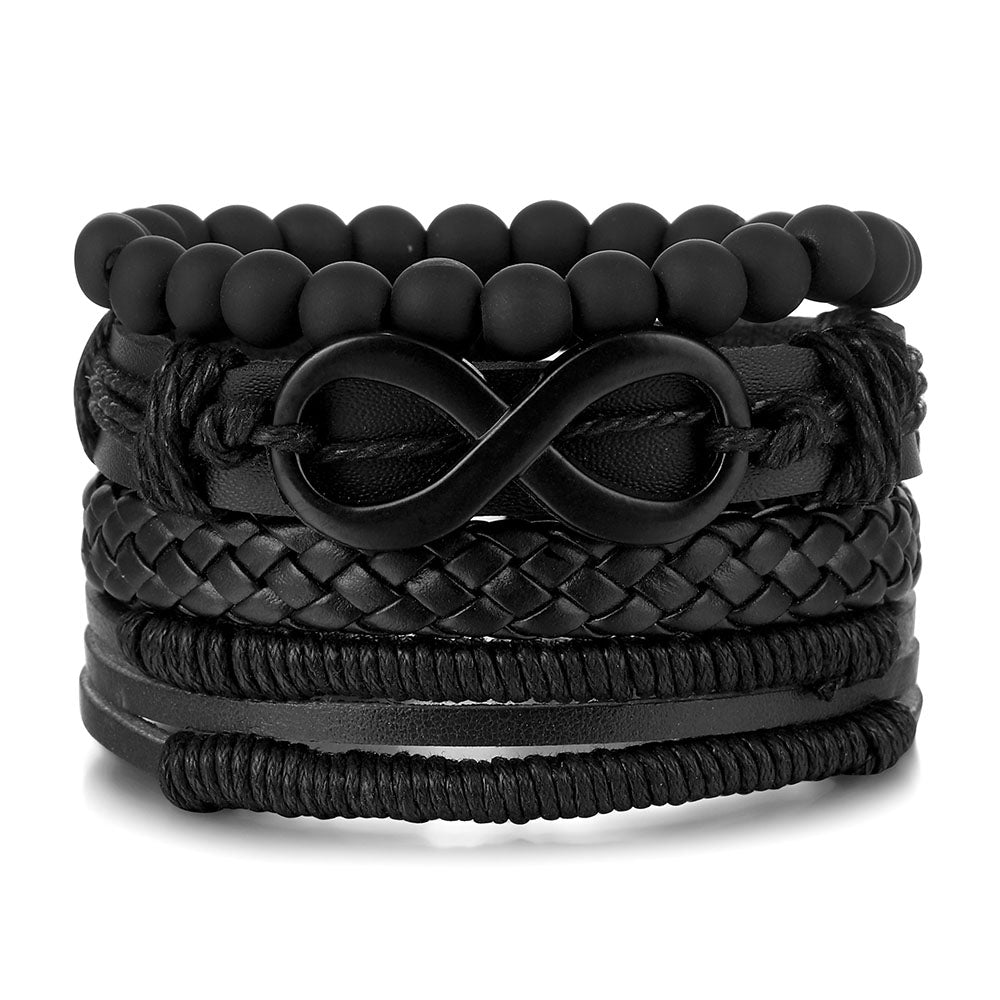 Men’s Black Infinity Bracelet Set – 4-Piece Adjustable Leather & Bead Stack | Stylish Casual Fashion Wristband