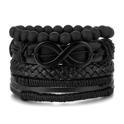 Men’s Black Infinity Bracelet Set – 4-Piece Adjustable Leather & Bead Stack | Stylish Casual Fashion Wristband
