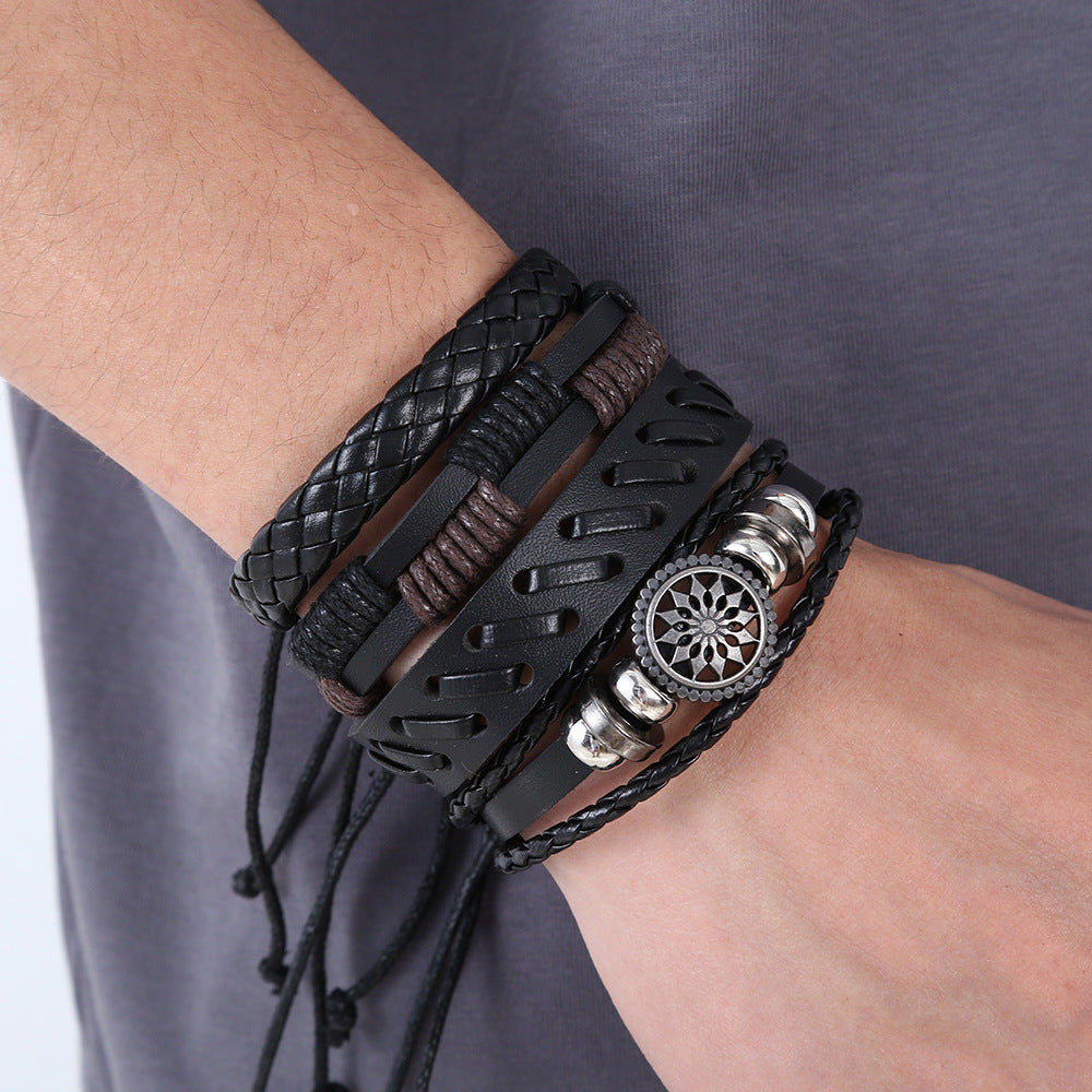 Men’s Vintage Leather Bracelet Set – 4-Piece Adjustable Wristband Pack | Braided, Beaded & Engraved Charm Bracelets