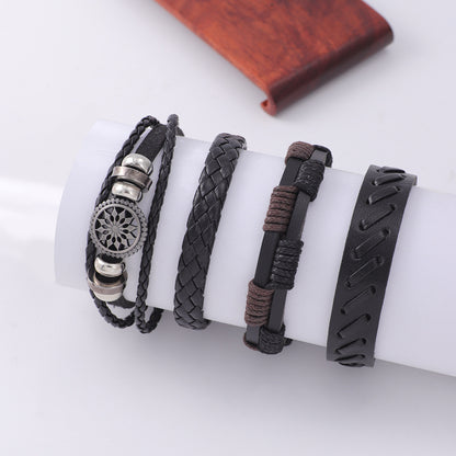 Men’s Vintage Leather Bracelet Set – 4-Piece Adjustable Wristband Pack | Braided, Beaded & Engraved Charm Bracelets