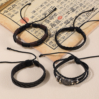 Men’s Vintage Leather Bracelet Set – 4-Piece Adjustable Wristband Pack | Braided, Beaded & Engraved Charm Bracelets