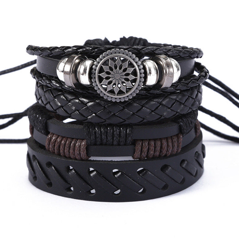 Men’s Vintage Leather Bracelet Set – 4-Piece Adjustable Wristband Pack | Braided, Beaded & Engraved Charm Bracelets