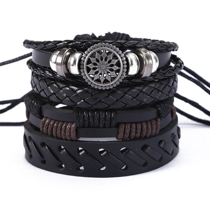Men’s Vintage Leather Bracelet Set – 4-Piece Adjustable Wristband Pack | Braided, Beaded & Engraved Charm Bracelets