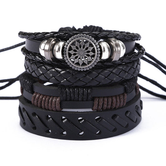 Men’s Vintage Leather Bracelet Set – 4-Piece Adjustable Wristband Pack | Braided, Beaded & Engraved Charm Bracelets