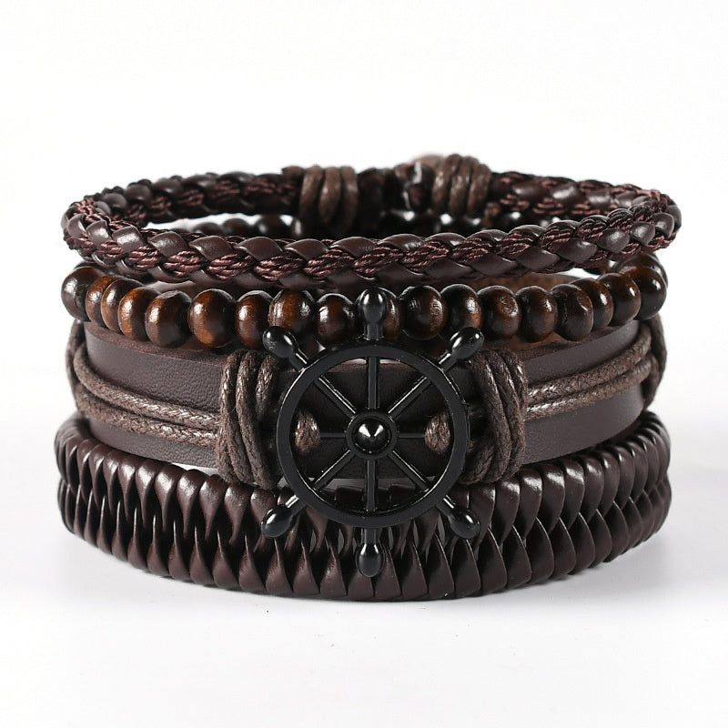 Men’s Vintage Nautical Bracelet Set – Leather, Beads & Braided Rope | Adjustable Boho Multi-Layer Wristband (4-Piece Set)