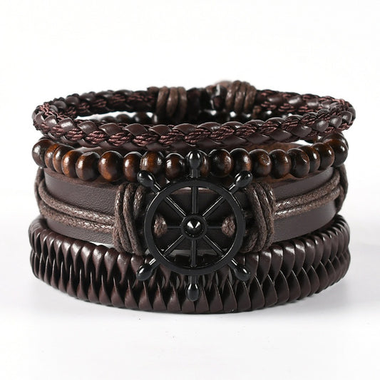 Men’s Vintage Nautical Bracelet Set – Leather, Beads & Braided Rope | Adjustable Boho Multi-Layer Wristband (4-Piece Set)