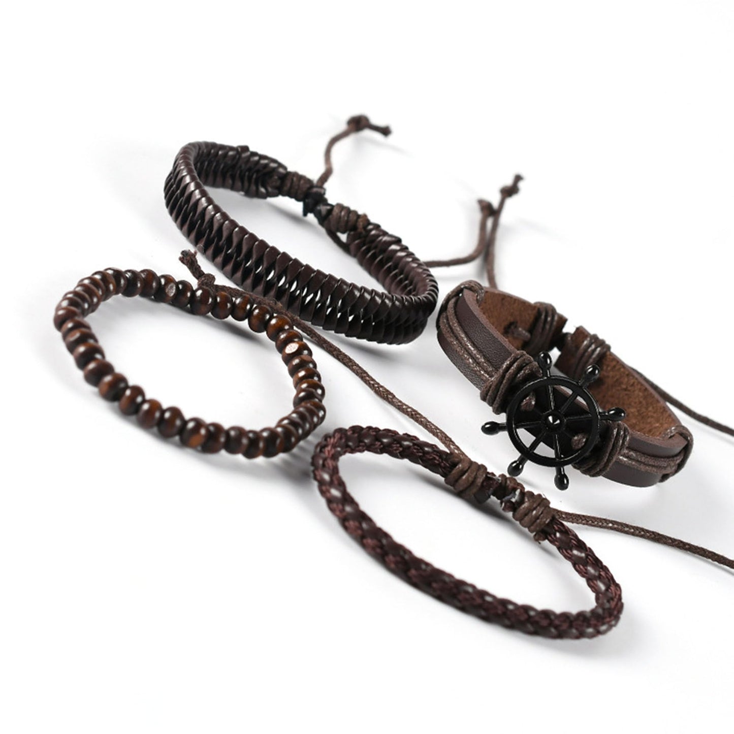Men’s Vintage Nautical Bracelet Set – Leather, Beads & Braided Rope | Adjustable Boho Multi-Layer Wristband (4-Piece Set)