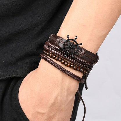 Men’s Vintage Nautical Bracelet Set – Leather, Beads & Braided Rope | Adjustable Boho Multi-Layer Wristband (4-Piece Set)
