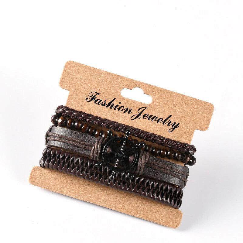 Men’s Vintage Nautical Bracelet Set – Leather, Beads & Braided Rope | Adjustable Boho Multi-Layer Wristband (4-Piece Set)