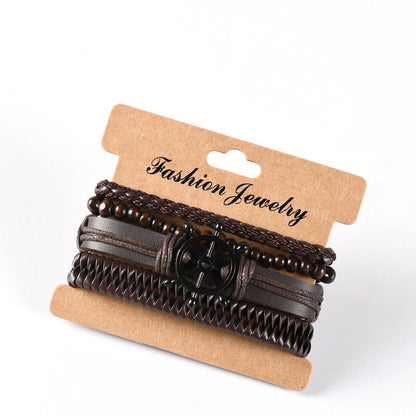Men’s Vintage Nautical Bracelet Set – Leather, Beads & Braided Rope | Adjustable Boho Multi-Layer Wristband (4-Piece Set)