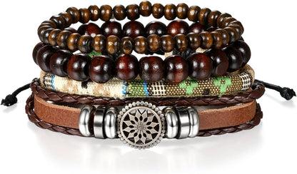 Vintage Boho Beaded & Leather Bracelet Set for Men – Multi-Layer Handmade Wristband Stack (Adjustable)