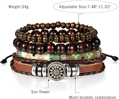 Vintage Boho Beaded & Leather Bracelet Set for Men – Multi-Layer Handmade Wristband Stack (Adjustable)