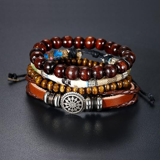 Vintage Boho Beaded & Leather Bracelet Set for Men – Multi-Layer Handmade Wristband Stack (Adjustable)