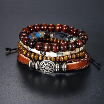 Vintage Boho Beaded & Leather Bracelet Set for Men – Multi-Layer Handmade Wristband Stack (Adjustable)