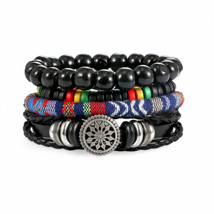 Vintage Boho Beaded & Leather Bracelet Set for Men – Multi-Layer Handmade Wristband Stack (Adjustable)