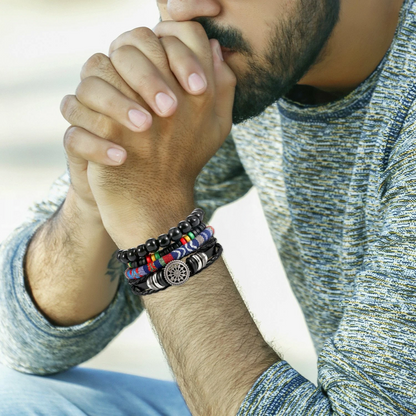 Vintage Boho Beaded & Leather Bracelet Set for Men – Multi-Layer Handmade Wristband Stack (Adjustable)