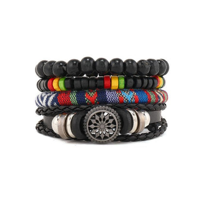 Vintage Boho Beaded & Leather Bracelet Set for Men – Multi-Layer Handmade Wristband Stack (Adjustable)