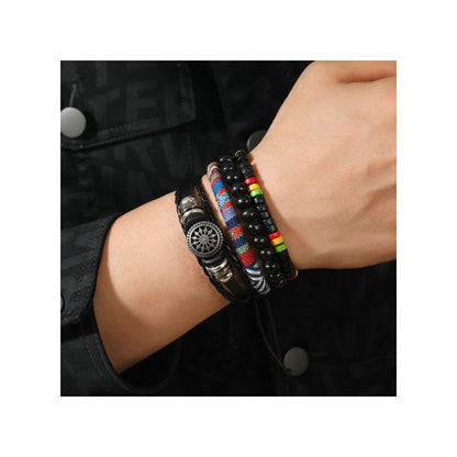 Vintage Boho Beaded & Leather Bracelet Set for Men – Multi-Layer Handmade Wristband Stack (Adjustable)