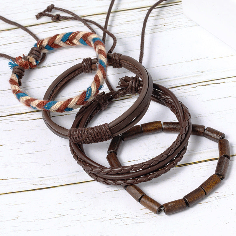 Vintage Boho Beaded & Leather Bracelet Set for Men – Multi-Layer Handmade Wristband Stack (Adjustable)