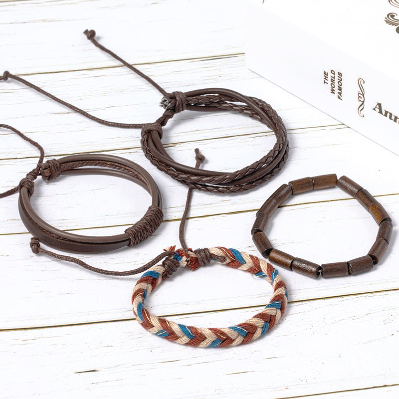 Vintage Boho Beaded & Leather Bracelet Set for Men – Multi-Layer Handmade Wristband Stack (Adjustable)