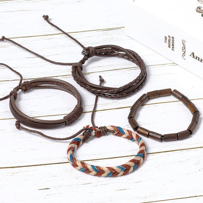 Vintage Boho Beaded & Leather Bracelet Set for Men – Multi-Layer Handmade Wristband Stack (Adjustable)