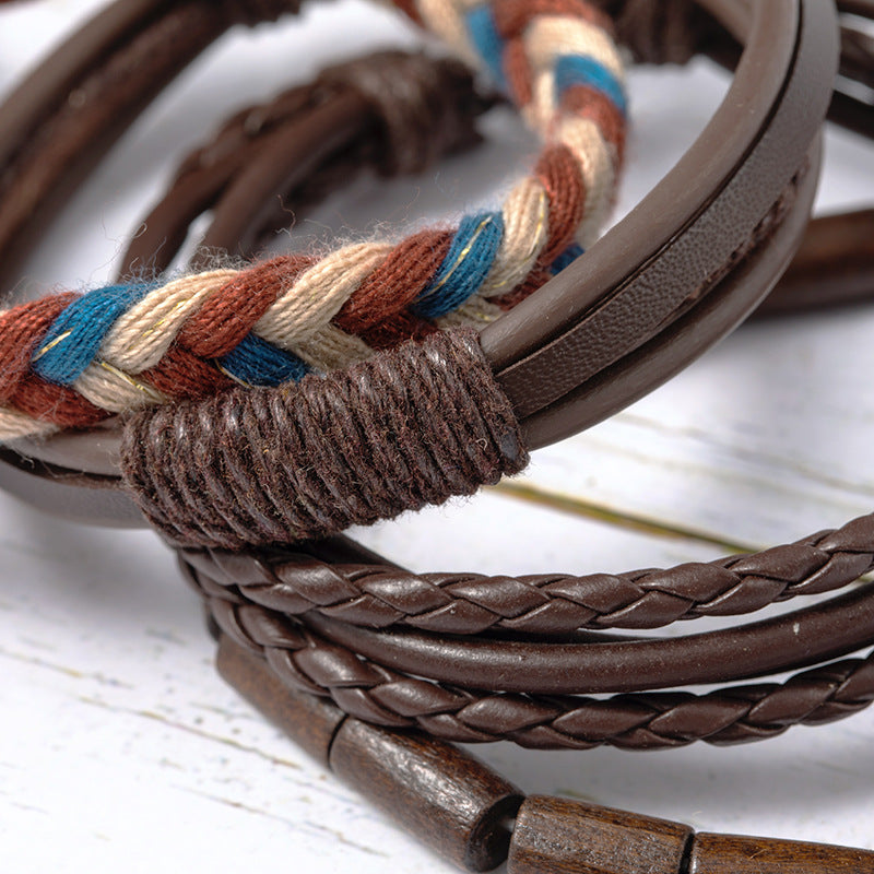Vintage Boho Beaded & Leather Bracelet Set for Men – Multi-Layer Handmade Wristband Stack (Adjustable)