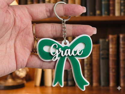 Custom Emerald Green Acrylic Bow Name Keychain – Personalized Coquette Style Keyring