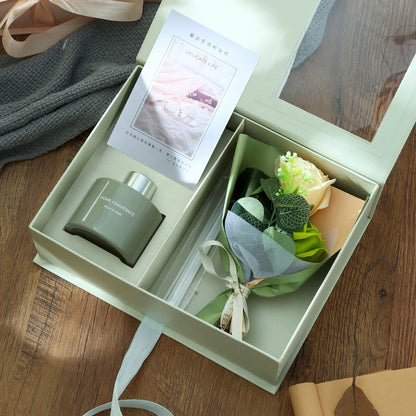 Delicate Life Luxury Home Fragrance Gift Box Set with Rose Bouquet, Reed Diffuser, Aromatherapy Oil, Elegant Presentation Box for Birthday, Christmas, Housewarming