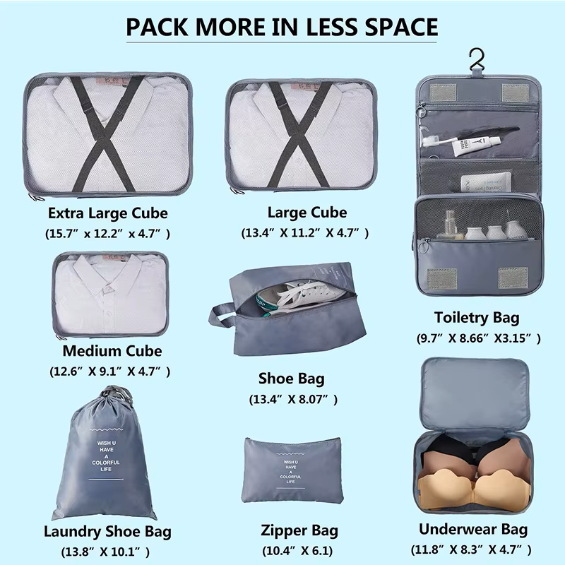 8-Piece Travel Packing Cube Set, Luggage Organiser with Shoe Bags