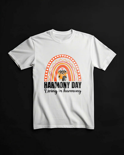 Harmony Day T-Shirt – Living in Harmony Rainbow Design | 100% Cotton Soft Comfort Fit Tee for Kids & Adults