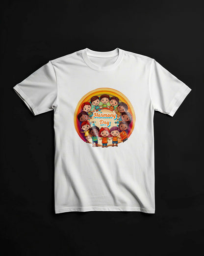 Harmony Day T-Shirt – Living in Harmony Rainbow Design | 100% Cotton Soft Comfort Fit Tee for Kids & Adults