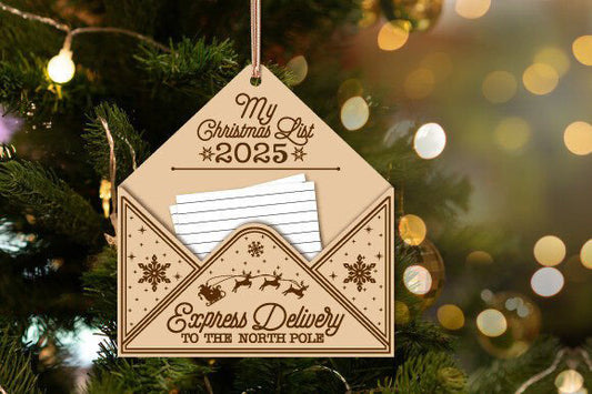 “Letter to Santa” Christmas Ornament – Wooden Envelope Keepsake – Xmas Tree Decoration – Kids Christmas List Holder