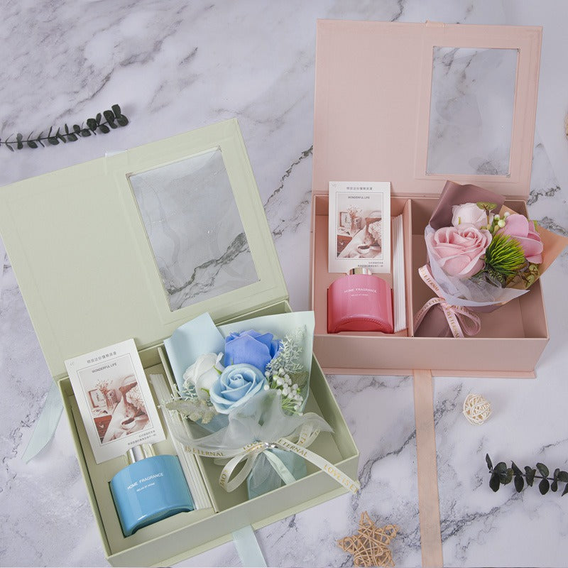 Delicate Life Luxury Home Fragrance Gift Box Set with Rose Bouquet, Reed Diffuser, Aromatherapy Oil, Elegant Presentation Box for Birthday, Christmas, Housewarming