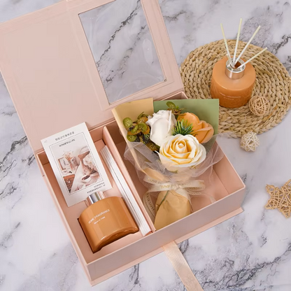 Delicate Life Luxury Home Fragrance Gift Box Set with Rose Bouquet, Reed Diffuser, Aromatherapy Oil, Elegant Presentation Box for Birthday, Christmas, Housewarming