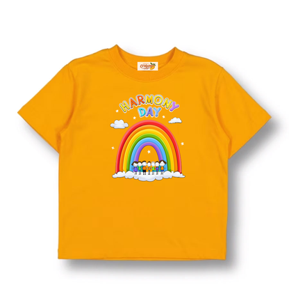 Kids Harmony Day Orange T-Shirt – Rainbow Unity Design | 100% Cotton Soft Comfort Fit School Celebration Tee