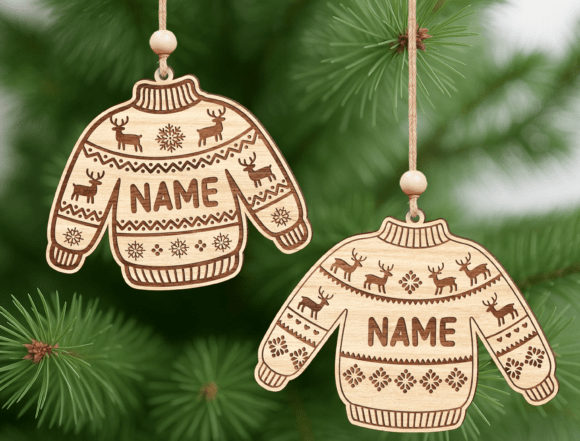 Personalised Wooden Christmas Ornament – Custom Name Sweater Design (9cm)