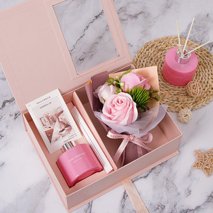 Delicate Life Luxury Home Fragrance Gift Box Set with Rose Bouquet, Reed Diffuser, Aromatherapy Oil, Elegant Presentation Box for Birthday, Christmas, Housewarming
