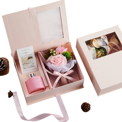 Delicate Life Luxury Home Fragrance Gift Box Set with Rose Bouquet, Reed Diffuser, Aromatherapy Oil, Elegant Presentation Box for Birthday, Christmas, Housewarming